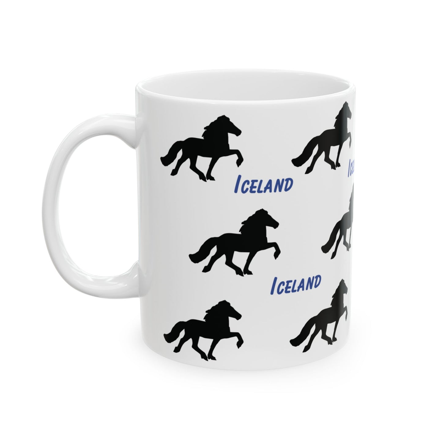 Ceramic coffee mug with elegant Icelandic Horse silhouette design, perfect for equestrian coffee or tea