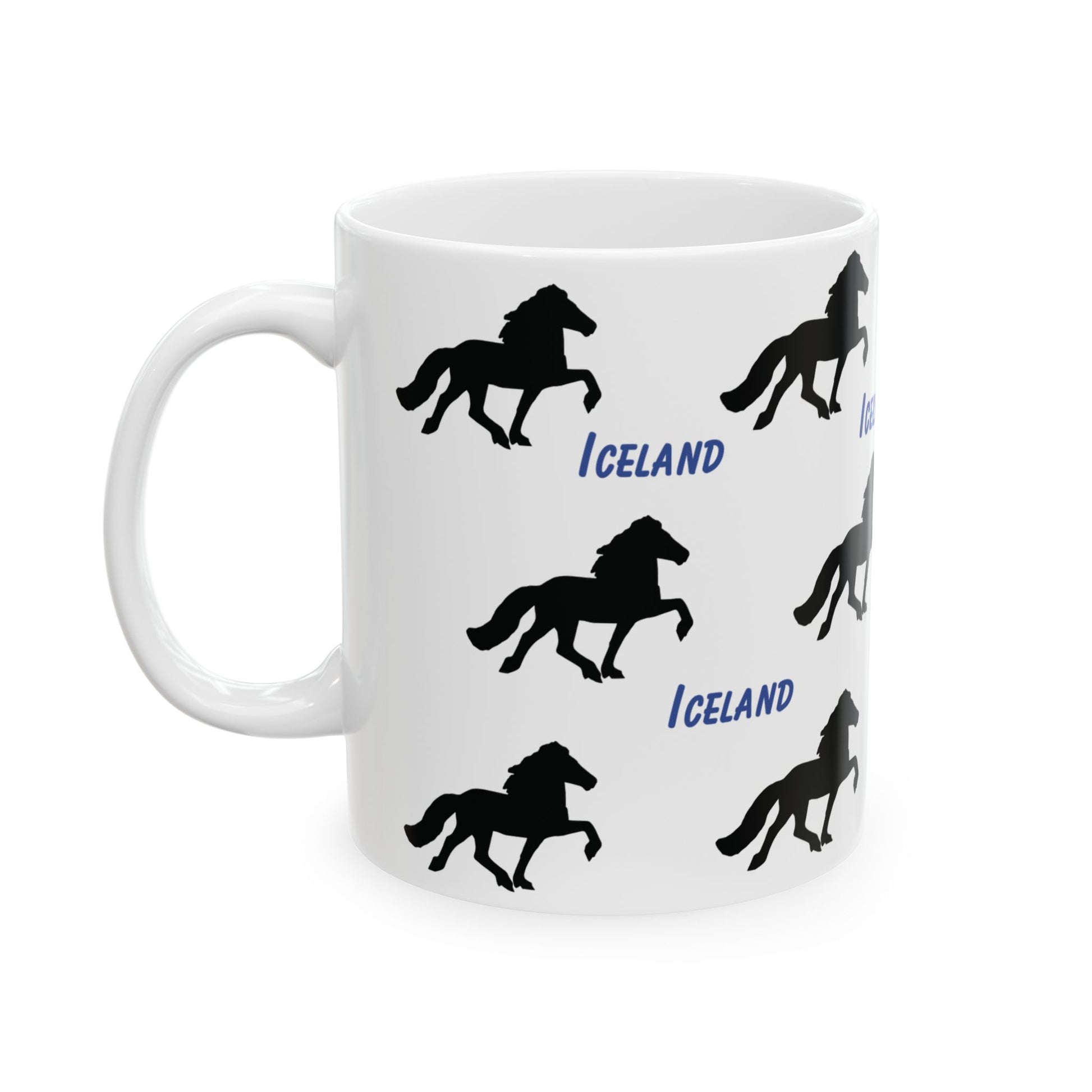 Ceramic coffee mug with elegant Icelandic Horse silhouette design, perfect for equestrian coffee or tea