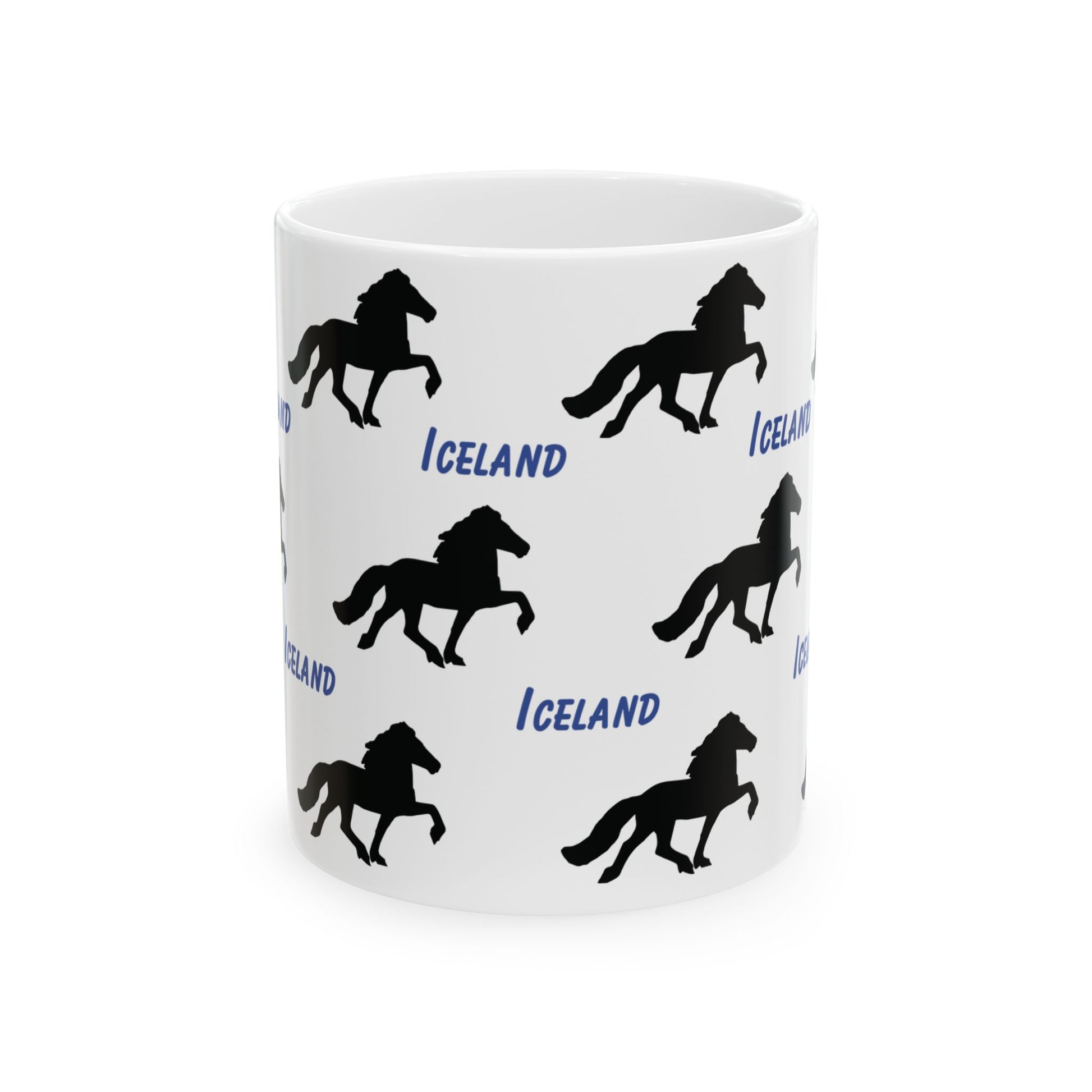 Ceramic coffee mug with elegant Icelandic Horse silhouette design, perfect for equestrian coffee or tea