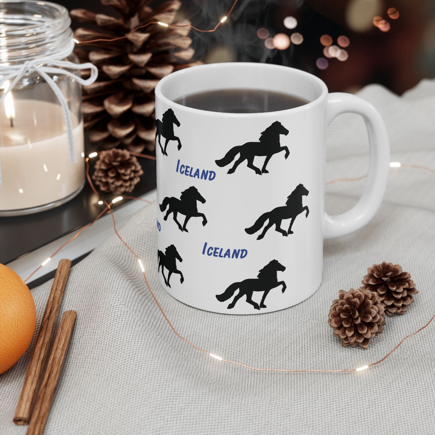 Ceramic coffee mug with elegant Icelandic Horse silhouette design, perfect for equestrian coffee or tea