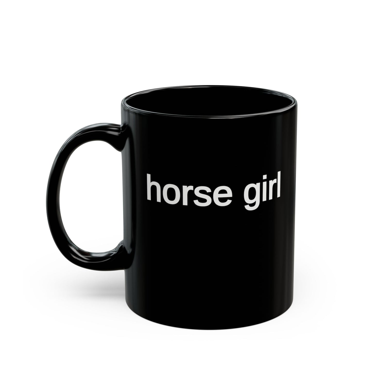 Black ceramic mug with bold white “horse girl” lettering for equestrian coffee, tea, or cocoa.