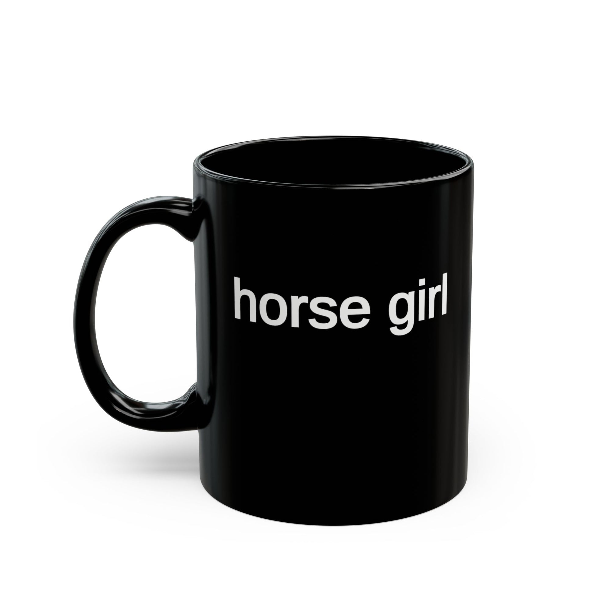 Black ceramic mug with bold white “horse girl” lettering for equestrian coffee, tea, or cocoa.