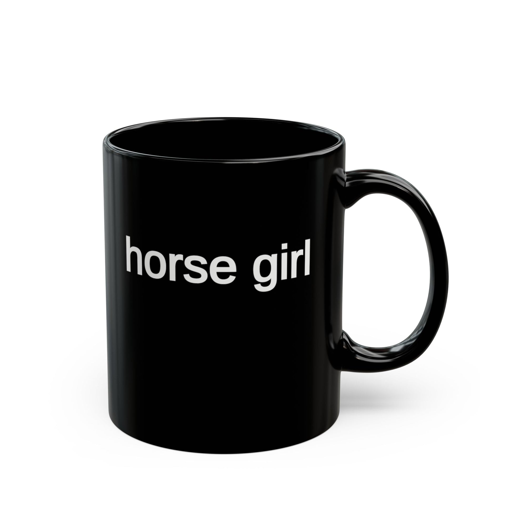 Black ceramic mug with bold white “horse girl” lettering for equestrian coffee, tea, or cocoa.
