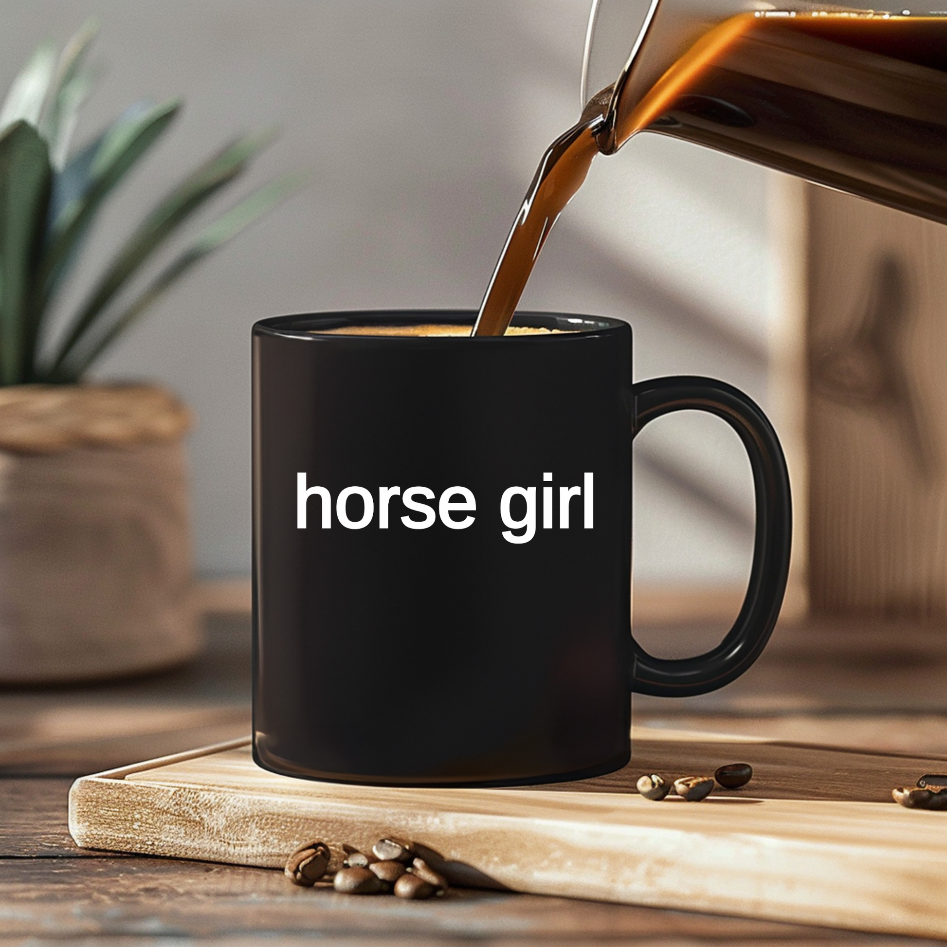 Black ceramic mug with bold white “horse girl” lettering for equestrian coffee, tea, or cocoa.