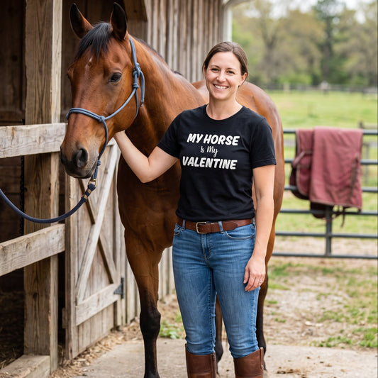 A person wearing a "My Horse Is My Valentine" black t-shirt, showcasing a stylish design, perfect for horse lovers and casual wear.